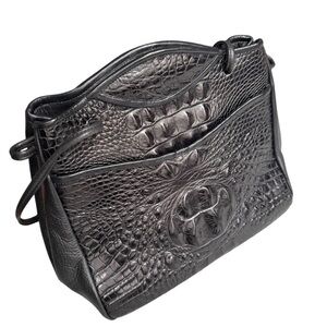 . X vtg JoAnn Page Y2K Black Croc Embossed Leather Medium Top Handle Bag
